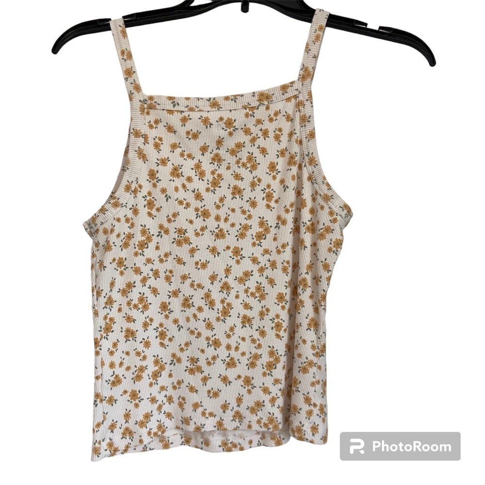 Juniors SO high neck thin strap tank top yellow flowers print M